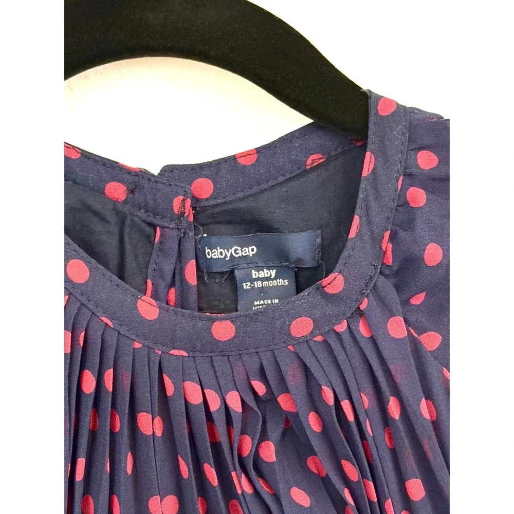 Baby Gap Girls Dress 12–18 Months Navy Red Polka Dot Pleated Sheer Overlay